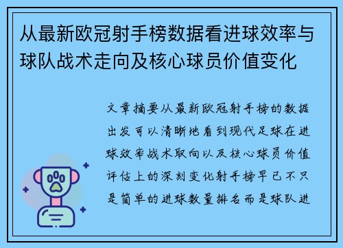 从最新欧冠射手榜数据看进球效率与球队战术走向及核心球员价值变化