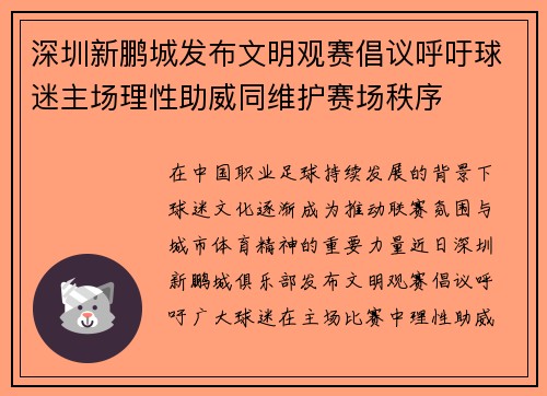 深圳新鹏城发布文明观赛倡议呼吁球迷主场理性助威同维护赛场秩序